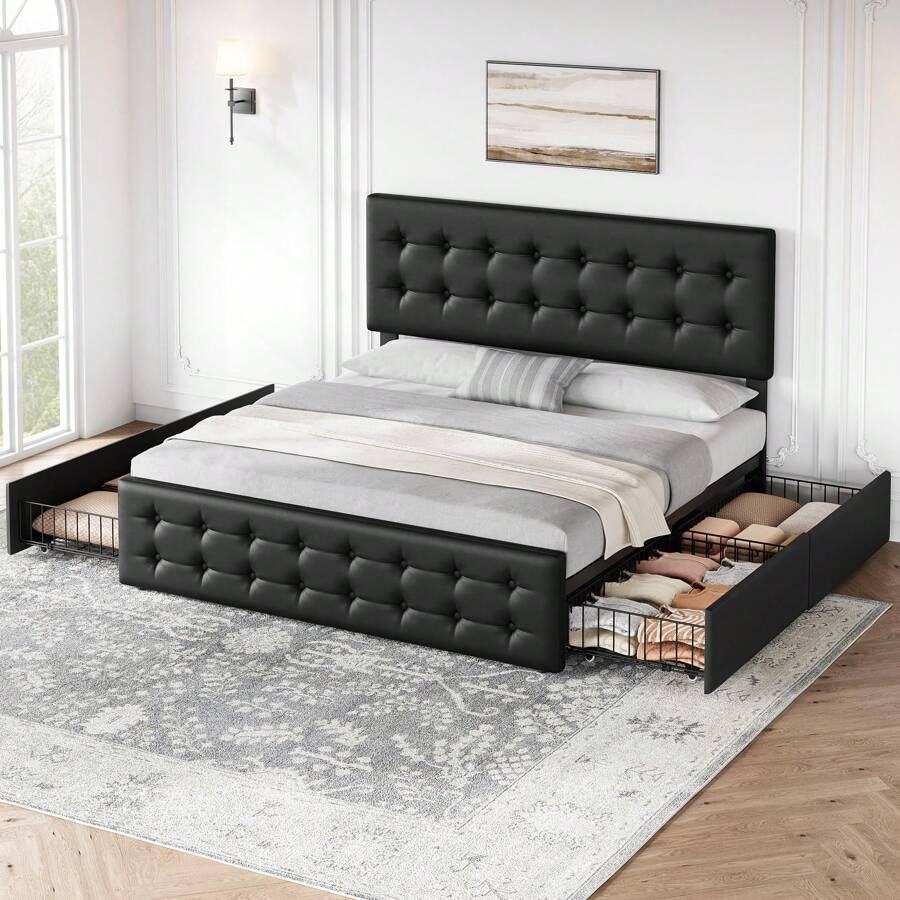King/Queen/Full Size Bed Frame With 4 Storage Drawers And Headboard, Faux Leather Upholstered Platform Bed Frame With Wooden Slats Support, Button Tufted Design, No Box Spring Needed - Black - View 1
