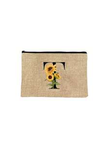 1pc Initials Printed Women's Makeup Bag, Khaki Small Bag, Sunflower Flower Print, Letters A-Z, Cosmetic Bag, Portable Wash Bag, Teacher's Day Gift, Reusable Makeup Bag, Women's Simple And Large Capacity Makeup Bag, Suitable For Weddings, Mother And Grandmother's Birthday Gifts, Ladies, Friends, Bridesmaids, Essentials Make Up Bag Holiday Essentials Makeup Bags Makeup Pouch 2024 Makeup Organizer Make Up Organizer Makeup Storage - Khaki - View 23