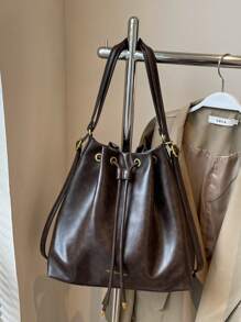 Large Capacity Niche Commuter Backpack For Women, New PU Leather Drawstring Bucket Shoulder Bag - Coffee Brown - View 2