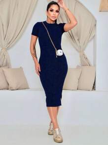 Midi Dress With Side Opening In Wrinkled Ana Fabric - Navy Blue - View 4