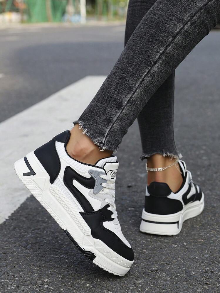 Women s Canvas Sneakers Breathable Mesh Platform Patchwork Casual Sports Shoes Black White All Season SHEIN ASIA