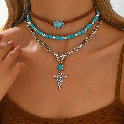3pcs/Set Western Country Boho Turquoise Bull Head Pendant Necklace Set, Vintage Choker Necklace For Daily Wear & Vacation
