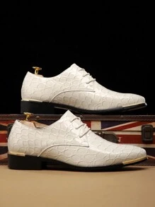 Men's Snakeskin Pattern Glossy Soft-Sole Low Vamp Shoes, New Arrival British Style Business Formal Breathable Casual Leather Shoes - White - View 1