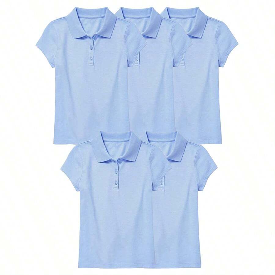 5 件装年轻女孩短袖弹力珠地网眼 Polo 衫校服 - 淺藍色 - 淺藍色 - 淺藍色 - 淺藍色 - 淺藍色 - 查看 1