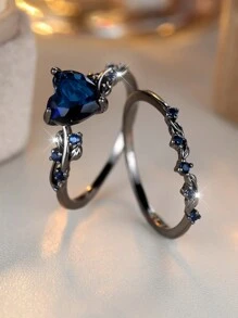 Tsnamer 2枚哥特式黑色金色结婚戒指订婚承诺斜心戒指哥特蓝/绿/黑色锆石戒指，适合女性、女孩日常佩戴，情人节、万圣节、节日珠宝礼物（独特斜心设计） - 戒指 - 查看 14