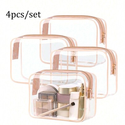 4pcs Black Fashionable And Simple Toiletry Bags For Men And Women, Waterproof Clear Cosmetic Pouches In Quart Size For Travel, Suitable For Both Genders, Can Be Carried Onboard Airplanes And Given ,Holiday Essentials,Summer Beach Bag For Woman,Travel Essentials Back To School Supplies