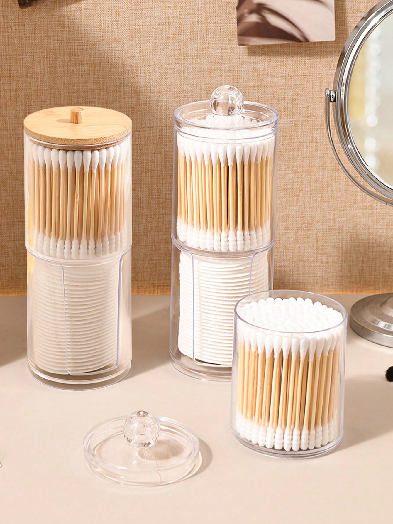 علبة تخزين القطن الشفافة بغطاء من البامبو قطعة واح...