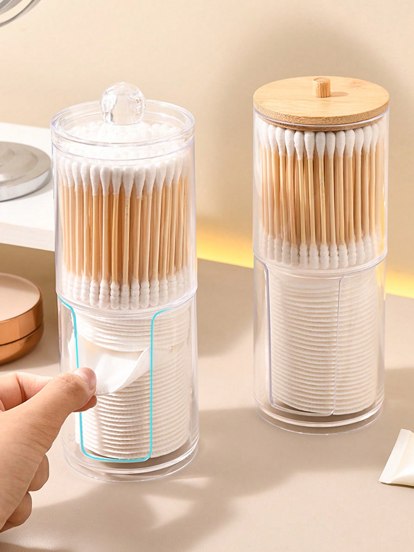 علبة تخزين القطن الشفافة بغطاء من البامبو قطعة واح...