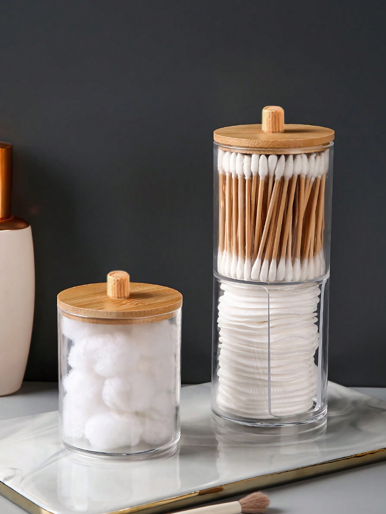 علبة تخزين القطن الشفافة بغطاء من البامبو قطعة واح...