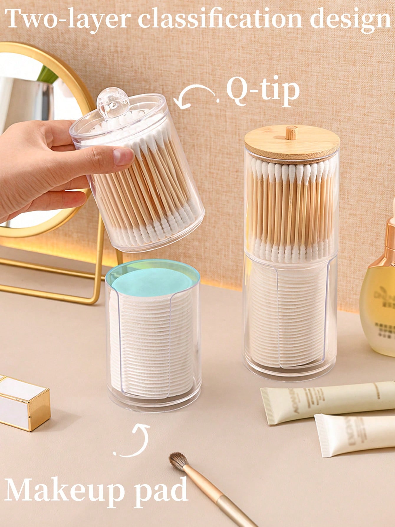 علبة تخزين القطن الشفافة بغطاء من البامبو قطعة واح...