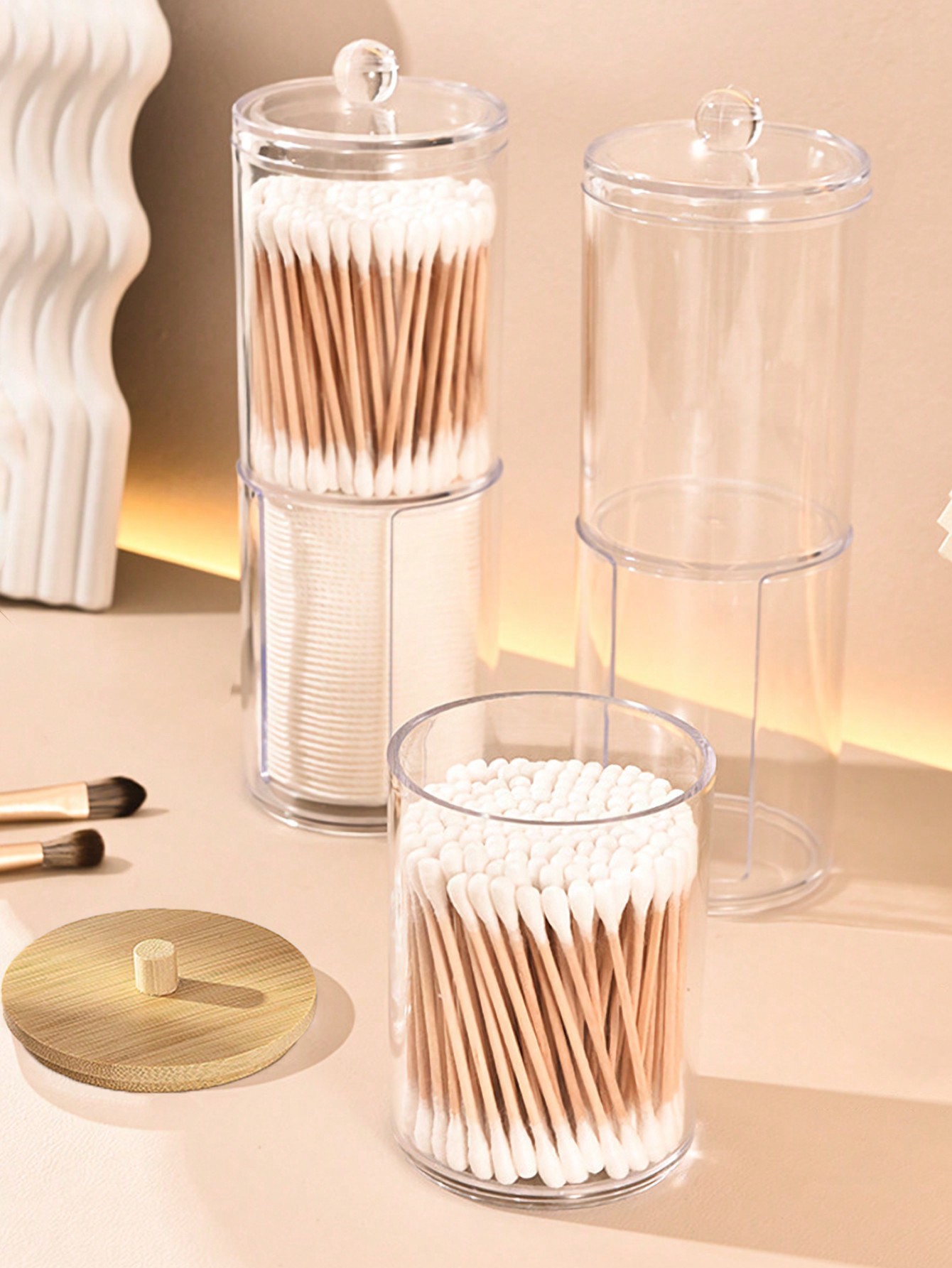 علبة تخزين القطن الشفافة بغطاء من البامبو قطعة واح...