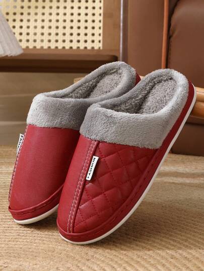 New PU Leather Waterproof Home Slippers Women Autumn Winter Couples Indoor Outdoor Soft Sole Thick Warm Plush Lined Slippers, Wholesale Men