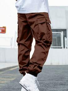 1pc Tween Boy Casual Exercise Outdoor Cargo Pants With Big Pockets & Webbing Trim, Spring & Fall