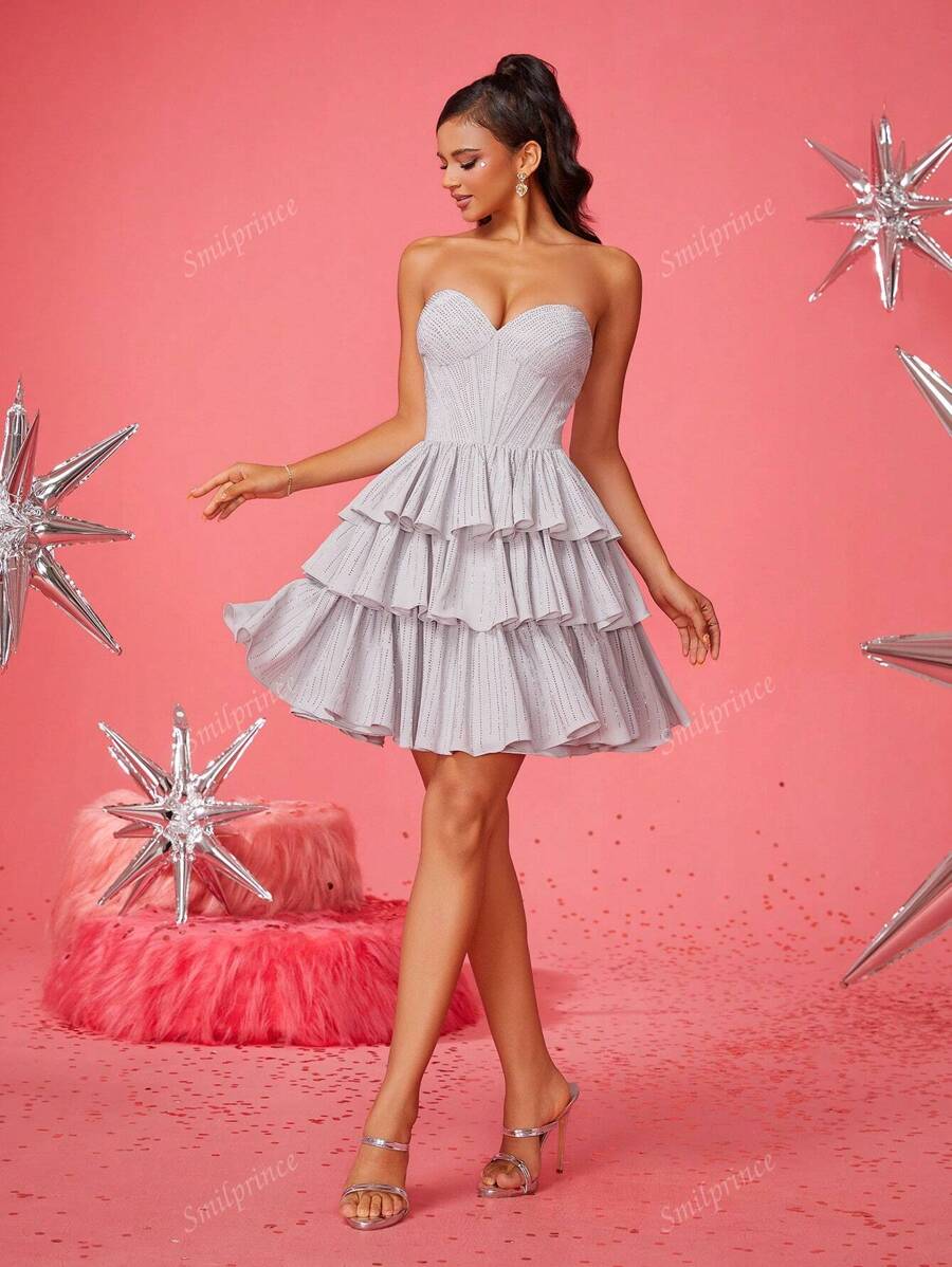 Smilprince Elegant Silver Strapless Tiered Ruffle Short Mini Cocktail Dress With Beaded Details, Women Short Dresses, Homecoming Dress, Party Dresses For Women Wedding Guest Dress Prom Dress
