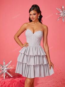 Smilprince Elegant Silver Strapless Tiered Ruffle Short Mini Cocktail Dress With Beaded Details, Women Short Dresses, Homecoming Dress, Party Dresses For Women Wedding Guest Dress Prom Dress
