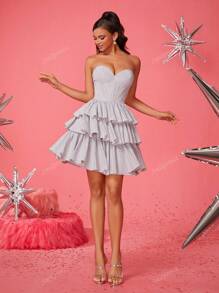 Smilprince Elegant Silver Strapless Tiered Ruffle Short Mini Cocktail Dress With Beaded Details, Women Short Dresses, Homecoming Dress, Party Dresses For Women Wedding Guest Dress Prom Dress