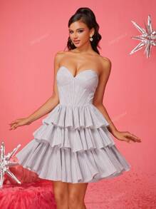 Smilprince Elegant Silver Strapless Tiered Ruffle Short Mini Cocktail Dress With Beaded Details, Women Short Dresses, Homecoming Dress, Party Dresses For Women Wedding Guest Dress Prom Dress