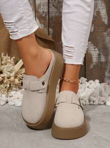 Women's Oversized US Size 5-9 Beige Slip-On Platform Slippers, Thick Sole Comfortable Casual Mule Shoes, Spring & Autumn