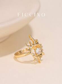 FICCINO 复古太阳形镀金/铂金立方氧化锆可调节戒指，优雅珠宝礼品，适合情侣、朋友、节日、周年纪念日、情人节等场合，附赠珠宝盒 - Sun Ring - 查看 9