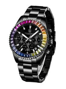 1pc Luxury Business Men's Watch, Chronograph, Rainbow Case Men's Stainless Steel Strap Calendar Night Light Quartz Watch, Men's Casual Watch, Waterproof Clock Women's Watch+Free Chain Link Remover