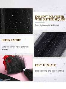 1 Roll - Black Shiny Mesh Fabric, Sequin Mesh Tulle Ribbon Net Fabric, Suitable For Ballet Skirts, Dresses, DIY Crafts, Birthday, Wedding, Party Decorations (2 Yards), Halloween, Christmas, Thanksgiving And Harvest Festival Gifts And Decorations, Autumn/Fall - Black - View 5