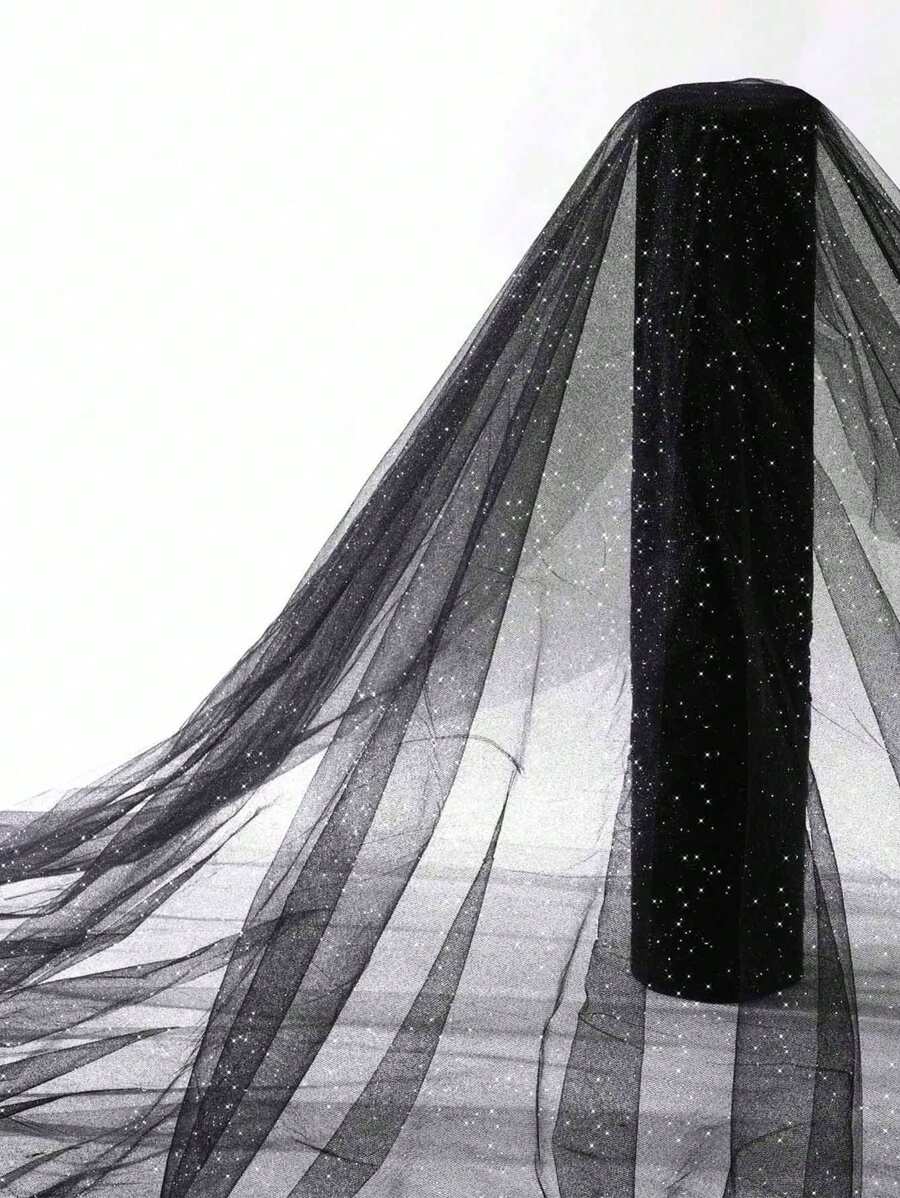 1 Roll - Black Shiny Mesh Fabric, Sequin Mesh Tulle Ribbon Net Fabric, Suitable For Ballet Skirts, Dresses, DIY Crafts, Birthday, Wedding, Party Decorations (2 Yards), Halloween, Christmas, Thanksgiving And Harvest Festival Gifts And Decorations, Autumn/Fall - Black - View 1