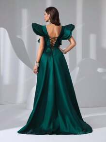 Vestito lungo da sera in raso con scollo a V, maniche a volant e paillettes, lungo fino a terra, abito da sera elegante per cerimonie, matrimoni, lauree, cene, Natale