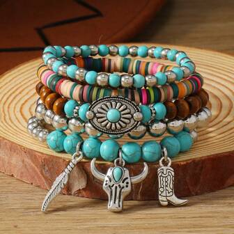 5pcs/Set Boho Style Wood Bead, Turquoise Leaf, Daisy, Bull Head & Bull Head Decor Bracelet For Women