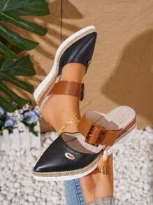 女士坡跟厚底一脚蹬尖头镂空高跟鞋，棕色绒面厚底鞋，黑色透气厚底鞋 - 黑色 - 查看 2