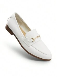 Loafers Women Shoes Leather Penny Loafers With Metallic Accessories TPR Outsole Classic Elegant Fashion Comfortable Dating Flats Shoes - Trắng-PU - Xem 3