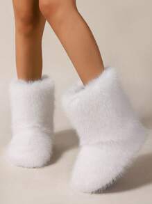 Women's Furry Faux Fur Boots Fuzzy Fluffy Mid Calf Snow Boots Suede Warm Fur Lined Booties Flat Fashion Boots - 白色 - 查看 5