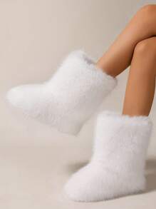 Women's Furry Faux Fur Boots Fuzzy Fluffy Mid Calf Snow Boots Suede Warm Fur Lined Booties Flat Fashion Boots - 白色 - 查看 2