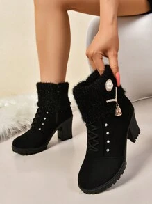 Botas cortas de tacón alto para mujer con forro cálido, decoración de perlas falsas y rhinestones de metal, cremallera lateral y tacón grueso versátil para otoño e invierno - Negro - Ver 5