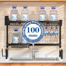 2 层水槽上方碗碟干燥架，厨房水槽上方大型碗碟干燥架，适用于厨房水槽收纳架的大型碗碟架（26 英寸 - 33.5 英寸），适用于大多数水槽，有效干燥碗碟（可扩展高度和长度），带多个篮子餐具架杯架的厨房干燥架