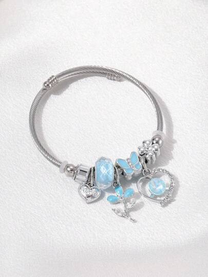 1 pièce Bracelet jonc en acier inoxydable pour femmes, décoré de breloques émaillées en forme de papillon, étoile et cœur. pour le port quotidien, les fêtes et les cadeaux de la Saint-Valentin