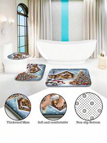 1 件/4 件圣诞雪人多功能浴室装饰套装 - 防水浴帘，带 12 个挂钩、防滑浴垫、U 型马桶地垫和圆形马桶座套 - 全套浴室解决方案 - 彩色 - 查看 7