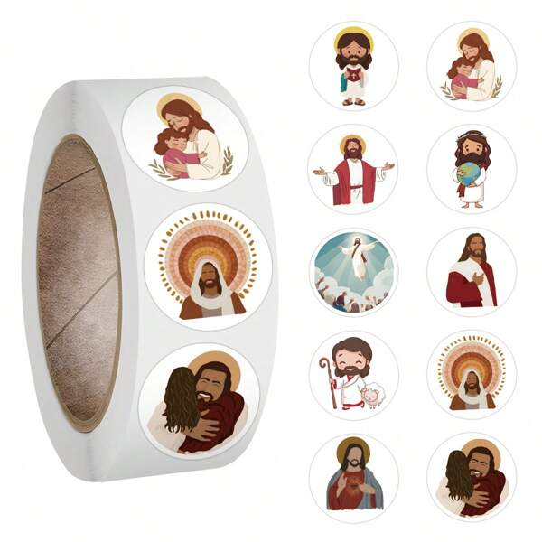 500 piezas Pegatinas de rollo con cinta circular-Pegatinas de Jesús Vinilos para scrapbooking, diarios, portátiles, parachoques, monopatines, botellas de agua, computadoras, teléfonos, dibujos animados, anime