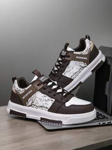 Men's Fashion Contrast Color Letter Random Print Patchwork Lace-Up Low-Top Sneakers, Personalized Casual Outdoor Comfortable Sports Shoes For Teenagers - White Brown - View 8