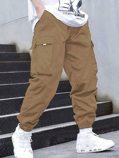 1pc Tween Boy Casual Sports Outdoor Trousers With Large Pockets And Weaved Belt, Spring & Autumn
