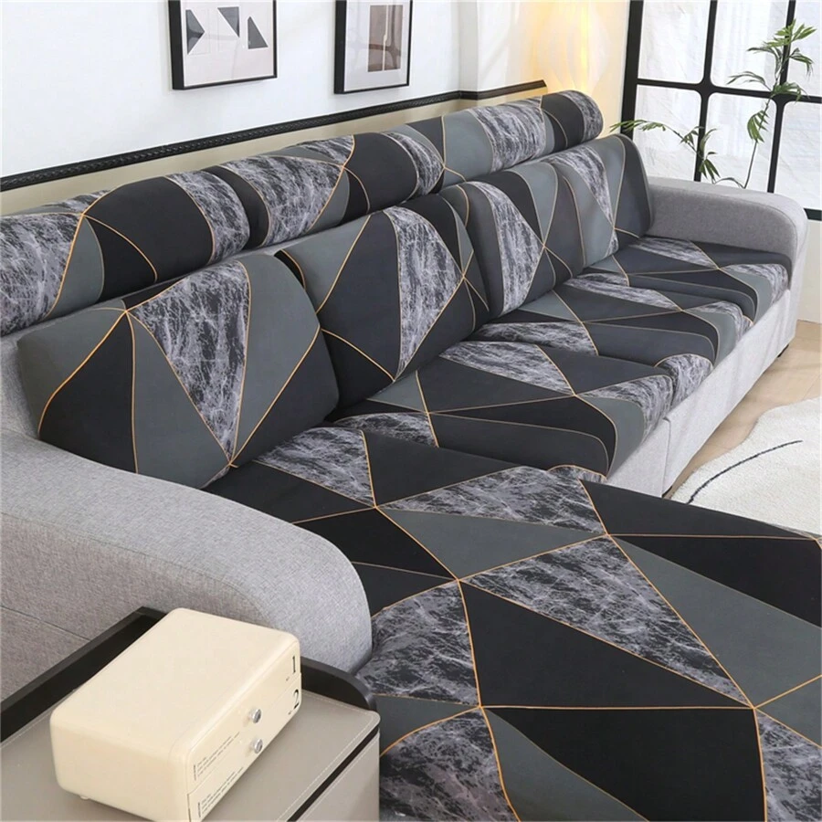 1 件弹力灰黑格子印花沙发座套，沙发套，防尘，防滑，保护沙发垫，适用于客厅、卧室、书房带垫沙发 - 黑方-笠套款 - 查看 1