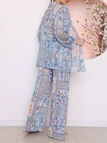 Printed Tulle Beach Cover-Up Shirt And Pants Set - Baby Blue - View 4