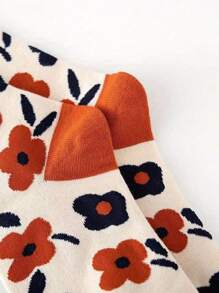 1/3 Pairs Women Color Block Floral Jacquard Pattern Vintage Style Comfortable Soft Casual Mid-Calf Socks, Suitable For Daily Wear, Fall - Multicolor - View 5