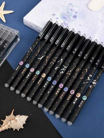 2-12pcs Random Creative Constellation Theme Erasable Gel Pens, Back-To-School Stationery Gift Pens, Small Rewards For School Supplies, Classroom Learning, Reading Key Points Marking Pens, Handbook Records And Other Daily Writing Error Correction, Multi-Purpose Thermal Erasable Calligraphy Practice Gel Pens Back To School