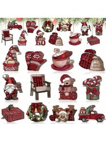 12pcs/24pcs/36pcs Christmas Hand-Crafted Wooden Ornaments With Designs Of Santa, Teddy Bear, Reindeer, Gift Box, Red Truck And Christmas Tree. Ideal For Hanging On Doors, Shelves, Fireplaces, Christmas Trees, Windows Or Anywhere To Create A Festive Atmosphere For Homes, Offices And Parties. A Thoughtful Gift For Family, Friends, Teachers And Children. - Multicolor - View 1