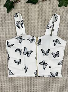 Women's Neoprene Cropped Top With Butterfly Print With Front Zipper With Padding, Fabric With Elastane, One Size Fits 36-40 - màu đen - Xem 1