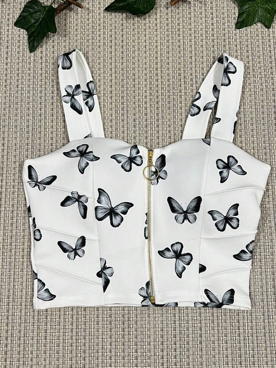 Women's Neoprene Cropped Top With Butterfly Print With Front Zipper With Padding, Fabric With Elastane, One Size Fits 36-40 - màu đen - Xem 1