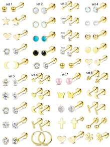 10pcs Small Hypoallergenic Flat Back Stud Earrings For Women Men Golden Plated Stainless Steel Earring Sets Tiny Screw Back Cartilage Earring