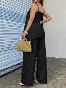 EMILI LULU RUN2 Women's Set Fernanda Asymmetrical Blouse And White Wide Leg Pants - Black - View 2