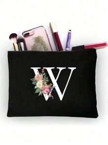 1pc Initials Printed Women's Makeup Bag, Black Small Bag, White Letters A-Z, Cosmetic Bag, Portable Wash Bag, Teacher's Day Gift, Reusable Makeup Bag, Women's Simple And Large Capacity Travel Makeup Bag Suitable For Men And Women, Couples, Daily Use, Birthdays, Holidays, Back To School, Vacation, Beach, Travel, Students, Daily Storage, Personalized Gift Bag, Suitable For Weddings, Mother And Grandmother's Birthday Gifts, Ladies, Friends, Bridesmaids, Travel Essentials Makeup Organizer - Black - View 22