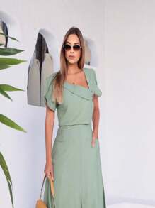 Viscose Twill Skirt And Blouse Set: Short-Sleeved Blouse With Boat Neckline, Flared Midi Skirt With Pockets And Front Slit - 薄荷綠 - 查看 5
